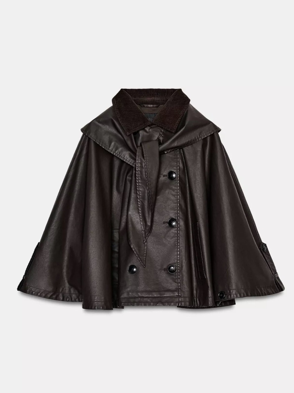 Zara Dark Brown Leather Cape Coat with Tie Neck